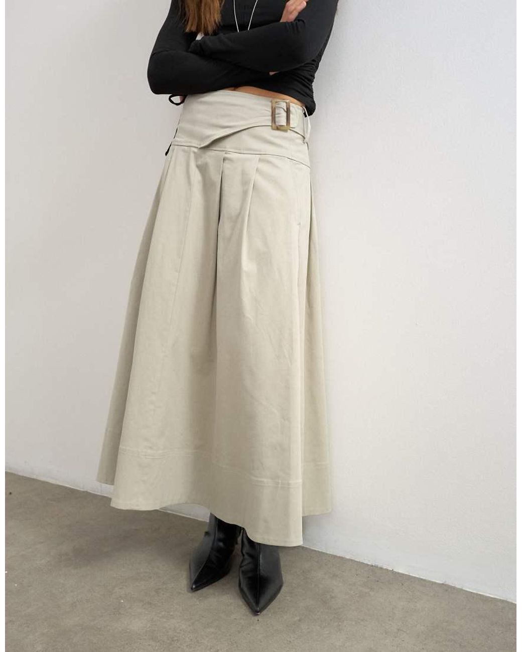 TOPSHOP Natural Twill Pleated Midi Skirt With Belt Detail