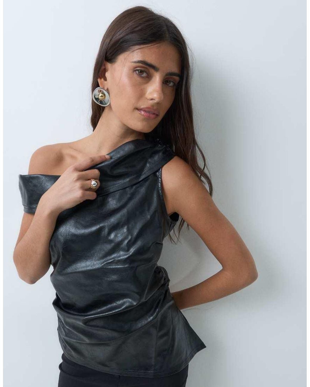 ASOS Blue Cinched Waist Leather Look Asymmetric Neck Top