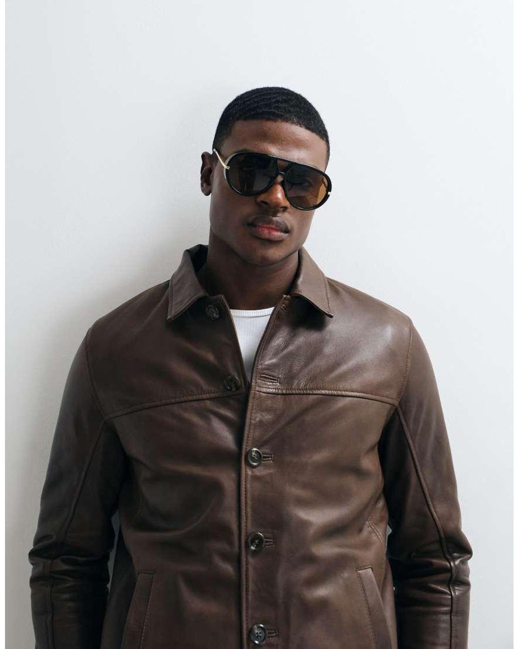Barney's Originals Brown Real Leather Car Coat for men