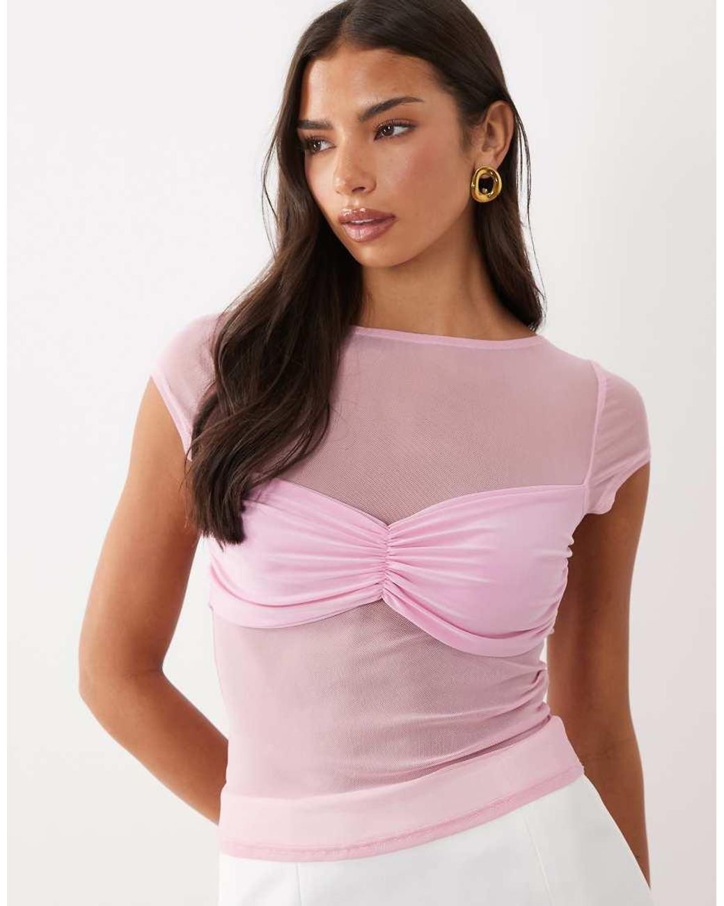 ASOS Pink Sheer Mesh Co-ord Ruched Detail Shirt