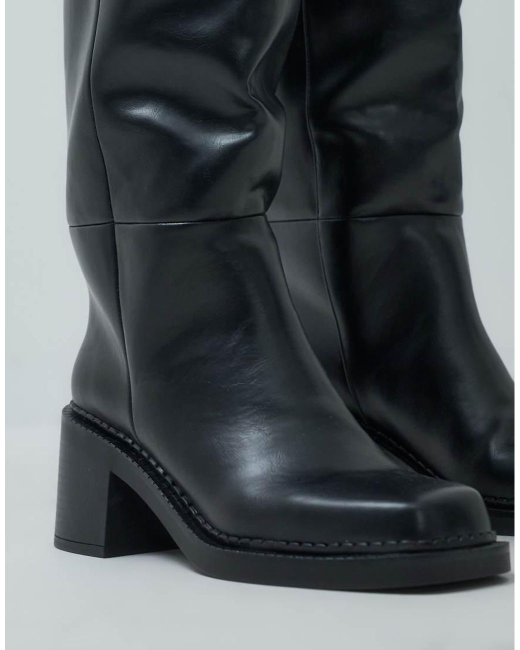 ASOS Black Curve Cadence Block Heel Pull On Knee Boots