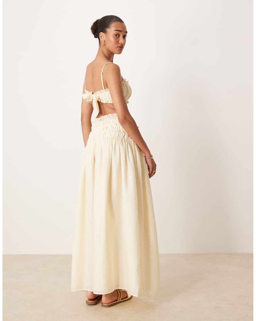 Wanderdoll Natural Soulie Linen Look Shirred Dropped Waist Tie Detail Maxi Skirt Co-ord