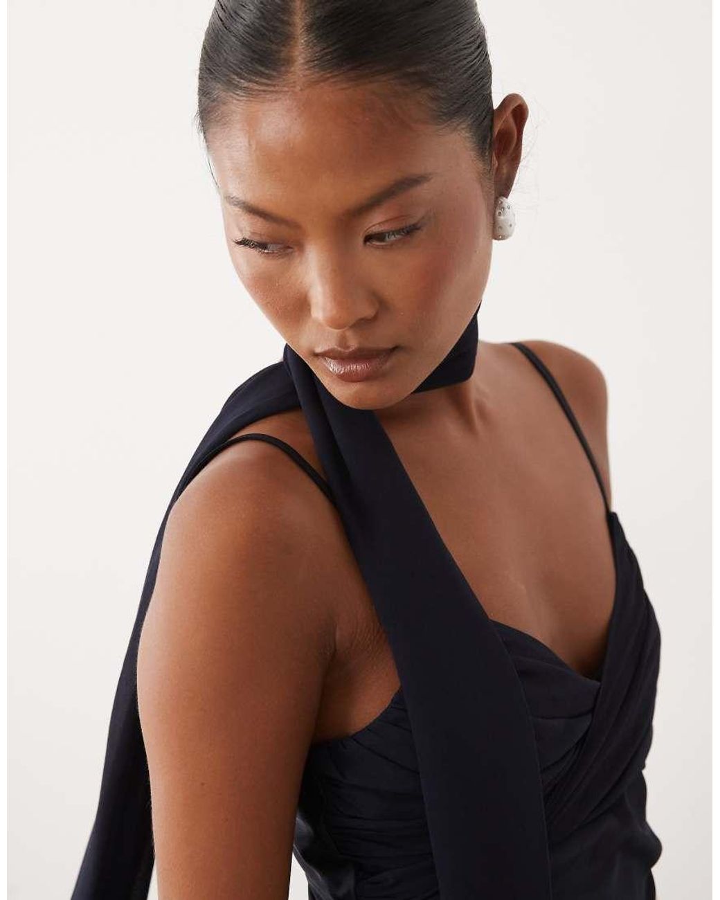 TFNC London Blue Satin Bust Chiffon Scarf Detail Cami Maxi Dress