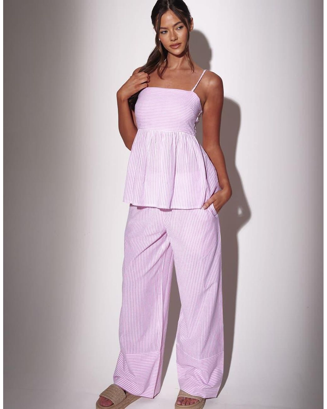 South Beach Purple Striped Tie Shoulder Peplum Top