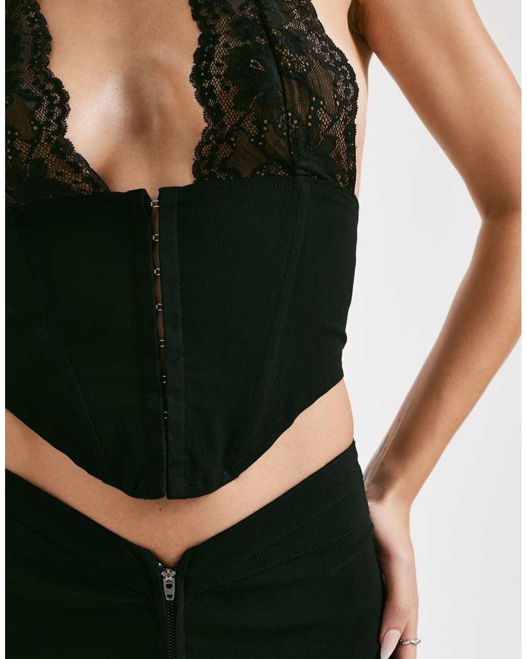 I.AM.GIA Black Ellena Halterneck Contrast Lace Structured Corset Top
