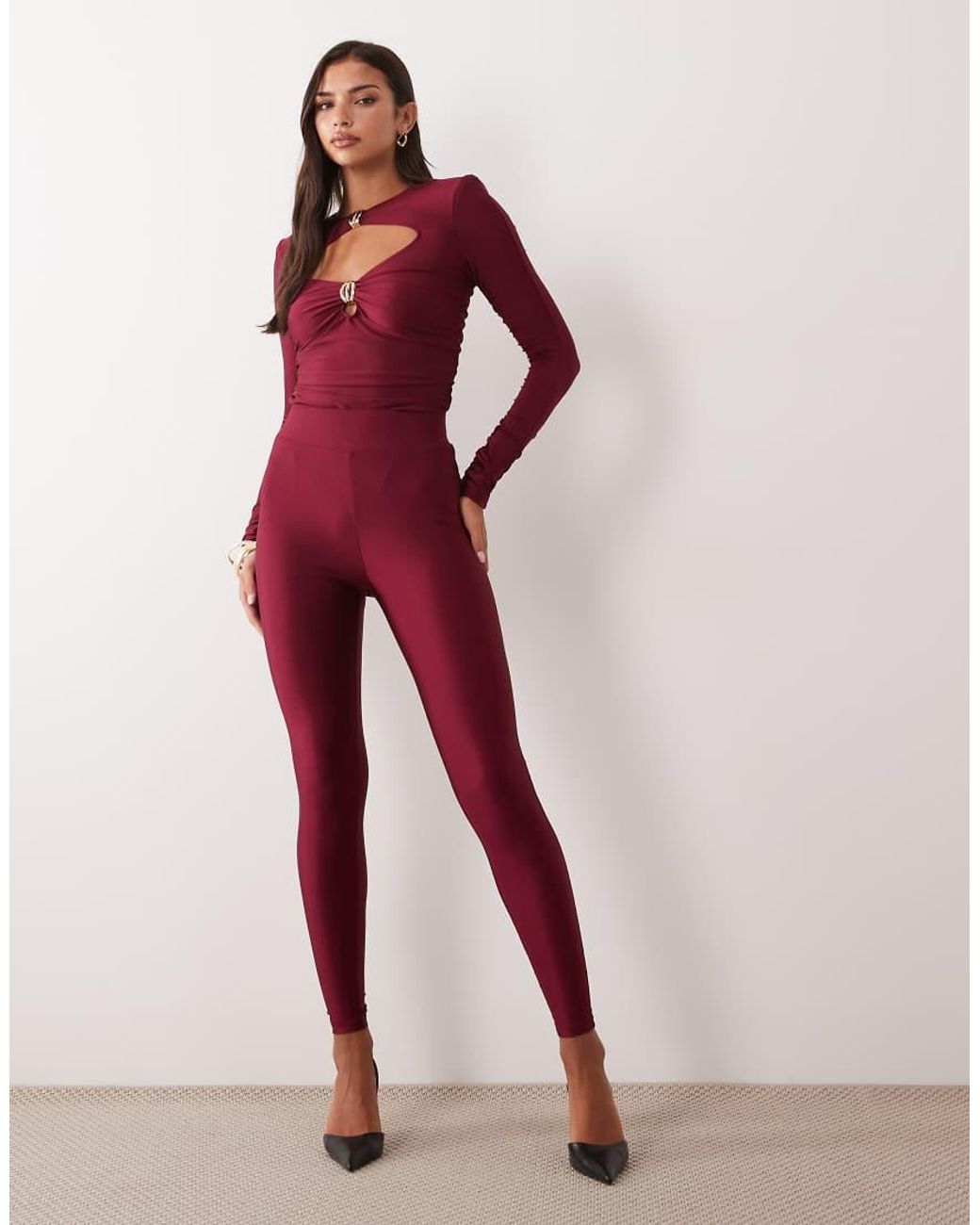 Ruched & Ready Red Sculpted High Shine Gold Hardware Detail Bodysuit Co-ord