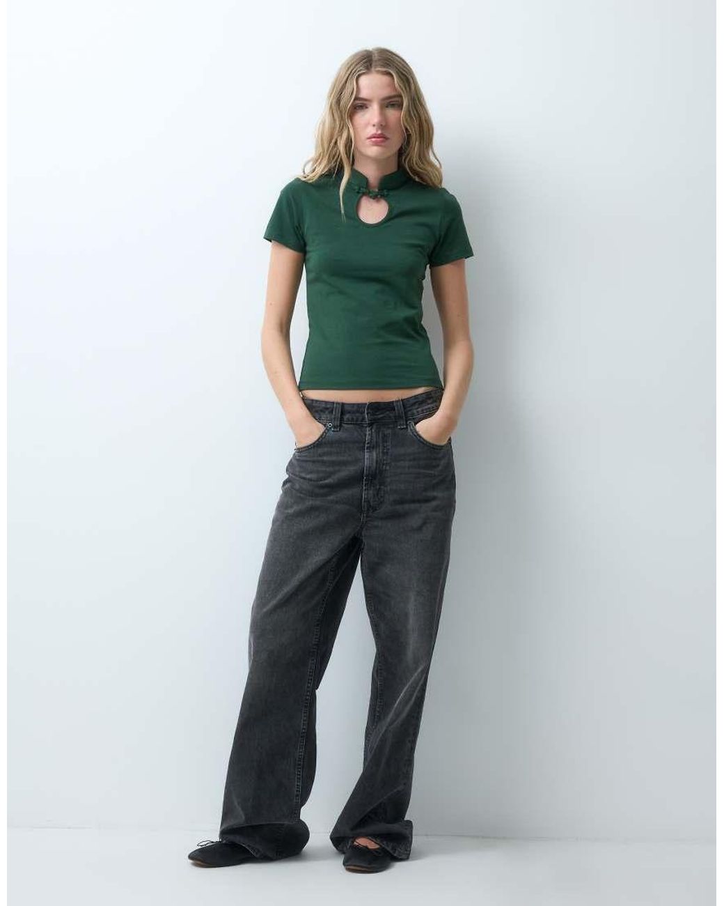 JJXX Green Keyhole Top With Pankou Detail