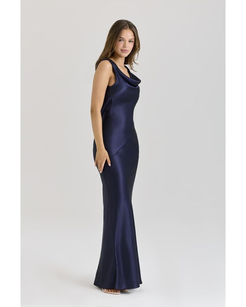 House Of Cb Blue Safaira Satin Draped Cowl Neck Maxi Dress
