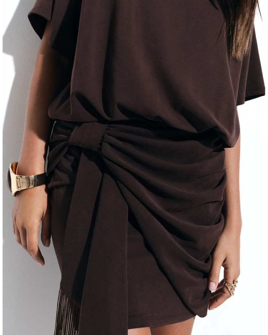 ASOS Black Modal Short Sleeve With Fringed Tie Detail Mini Dress