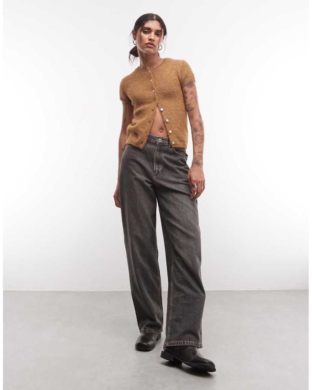 Monki Brown Short Sleeve Knit Cardigan Top