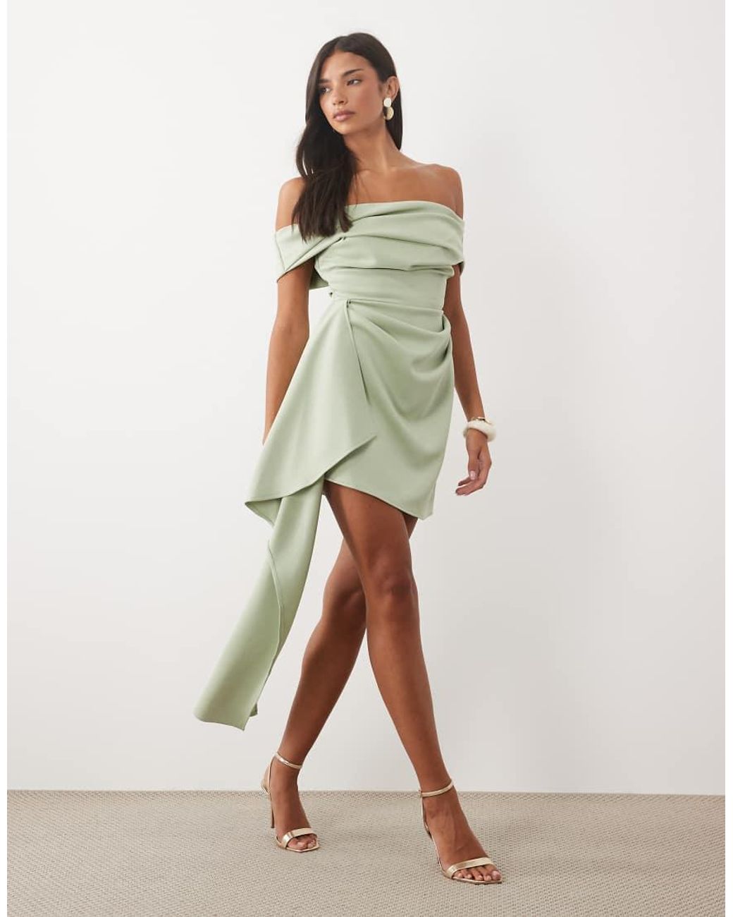 ASOS Green Drape Bardot Mini Dress With Asymmetric Skirt