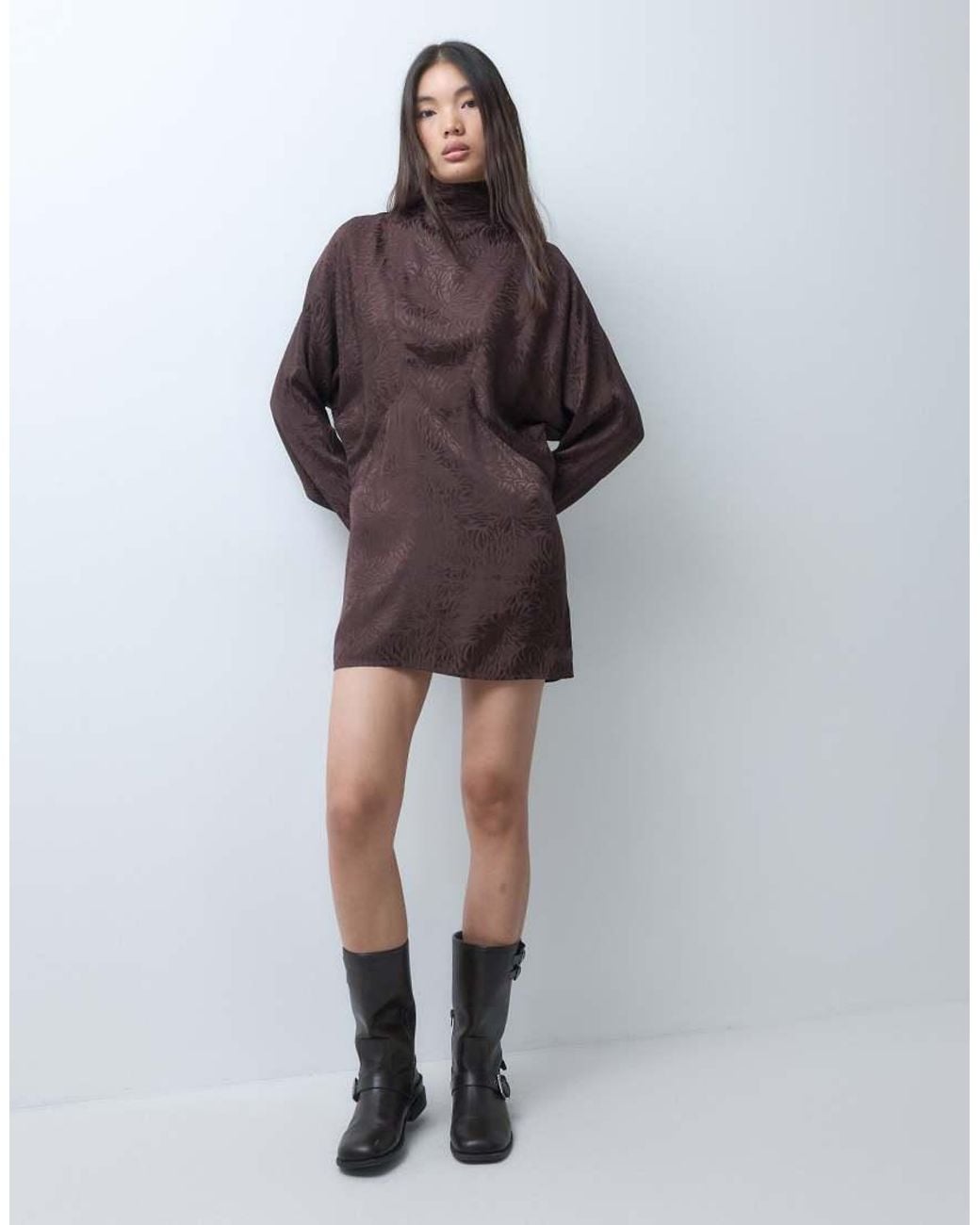 ASOS Brown High Neck Batwing Satin Jacquard Mini Dress
