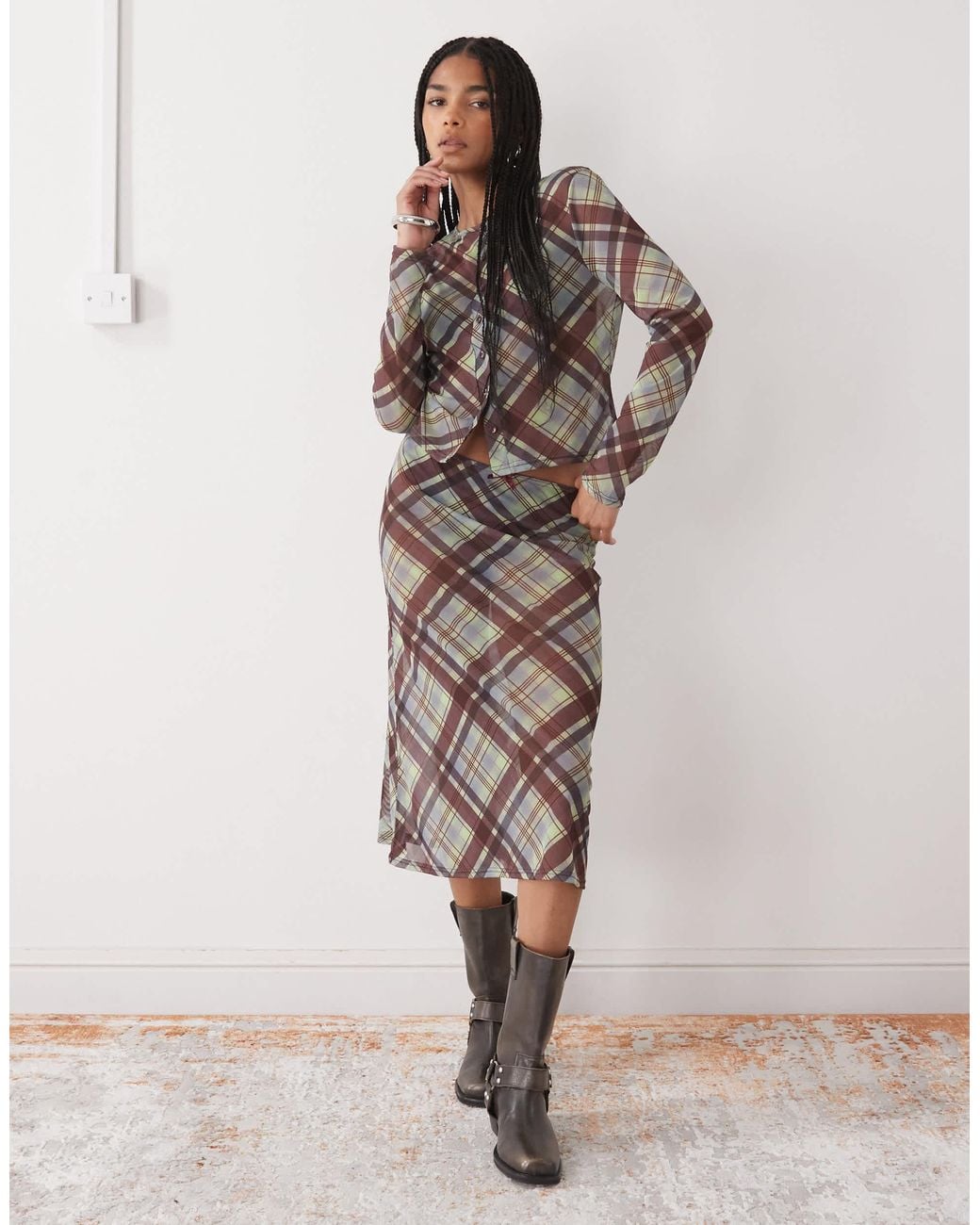 Collusion Brown Long Sleeve Mesh Button Through Top