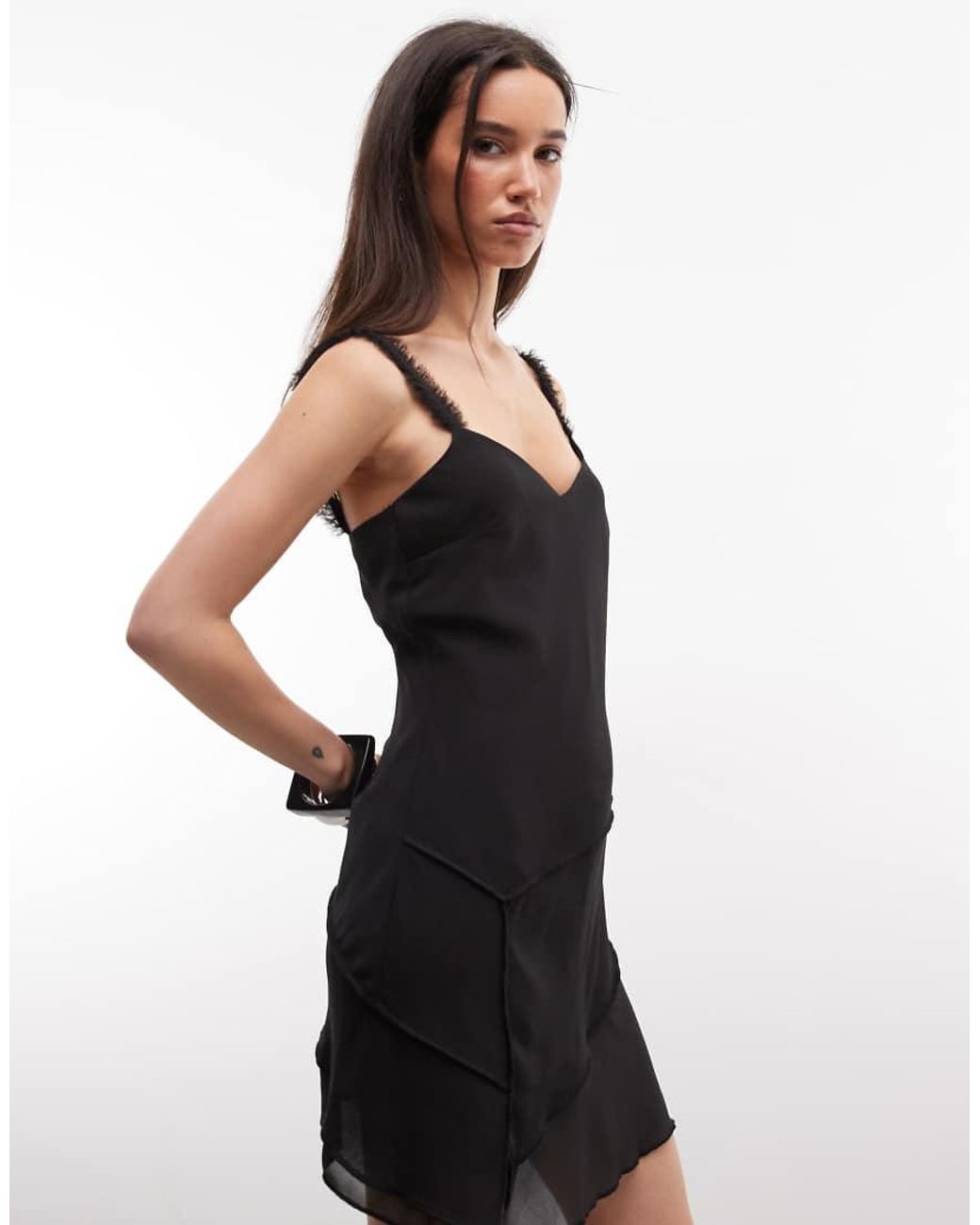 Monki Black Asymmetric Ruffle Chiffon Mini Dress