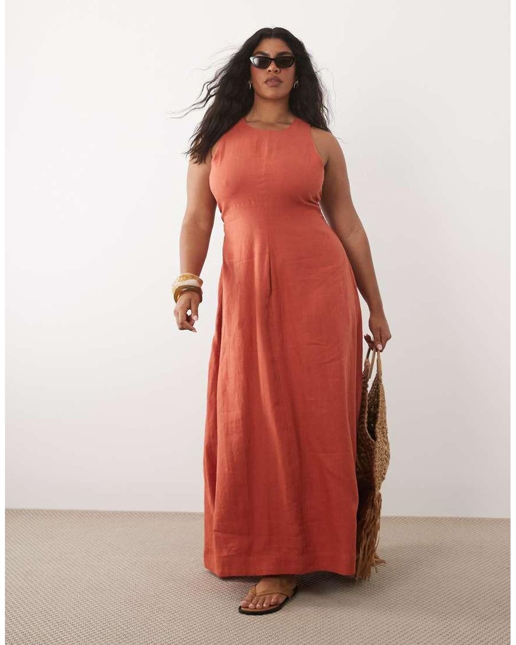 ASOS Orange Asos Design Curve Premium 100% Linen Waisted Maxi Dress With Open Back