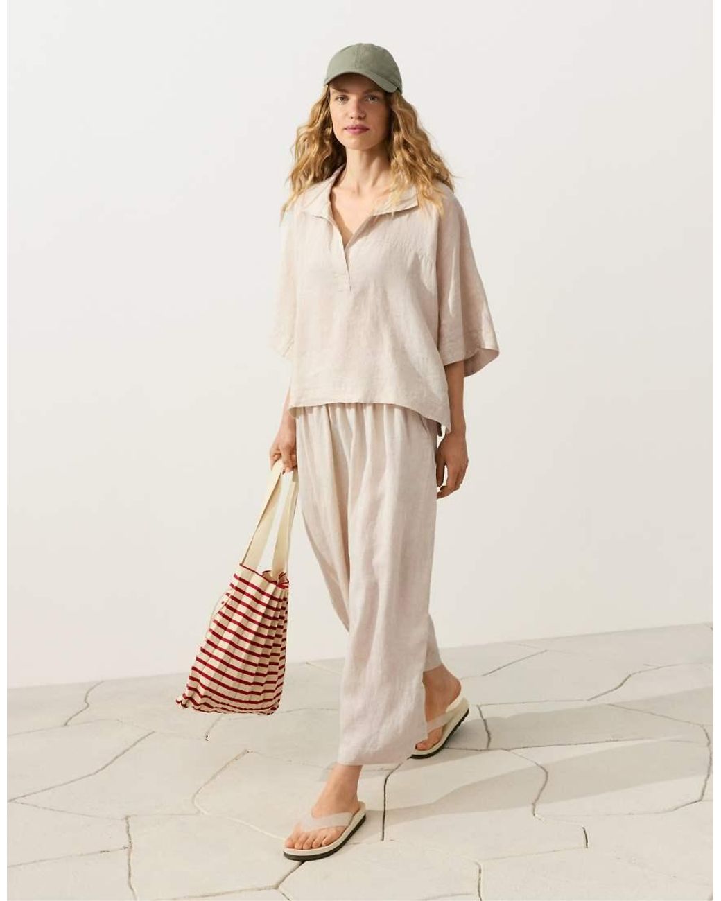 Oysho Natural Oversize 100% Linen Short-sleeved Shirt