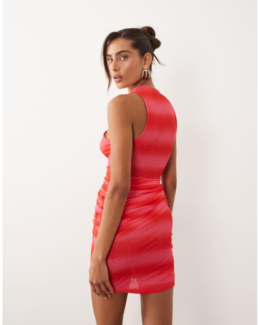 Ruched & Ready Red Mesh Cross Front Racer Drape Waist Detail Mini Dress
