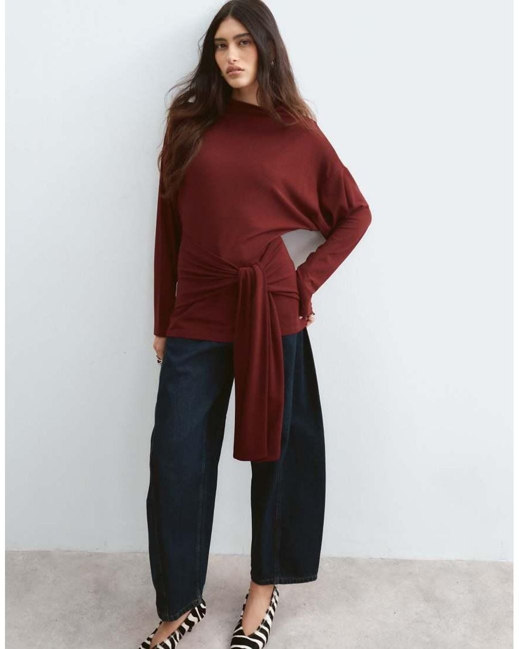 ARRANGE Red Jersey Long Sleeve Top With Tie Waist