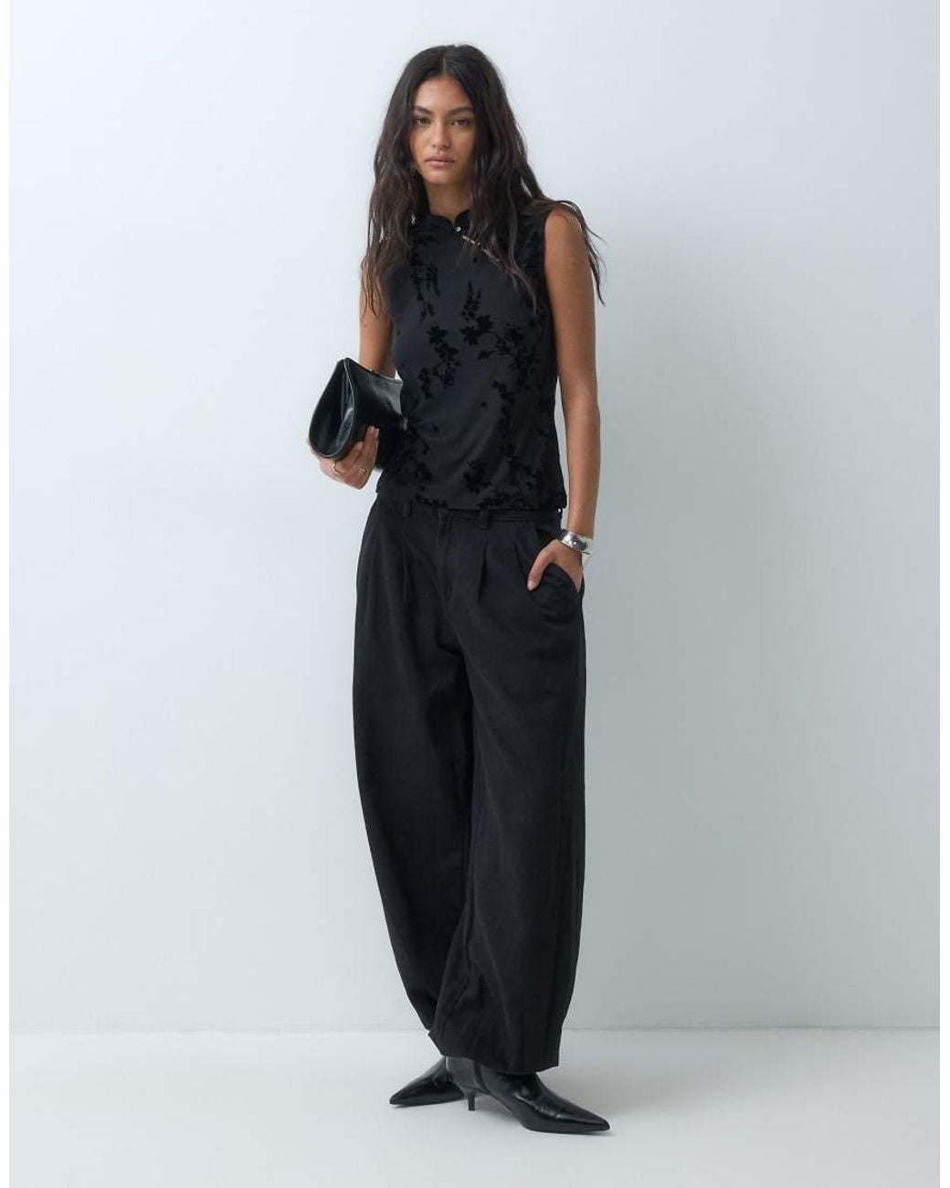 Jdy Black Mandarin Collar Top With Floral Detail