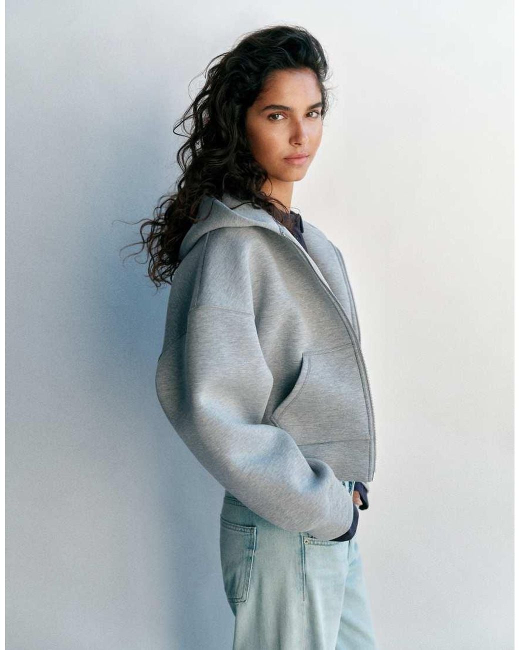 Pull&Bear Gray Neoprene-effect Zip Hoodie