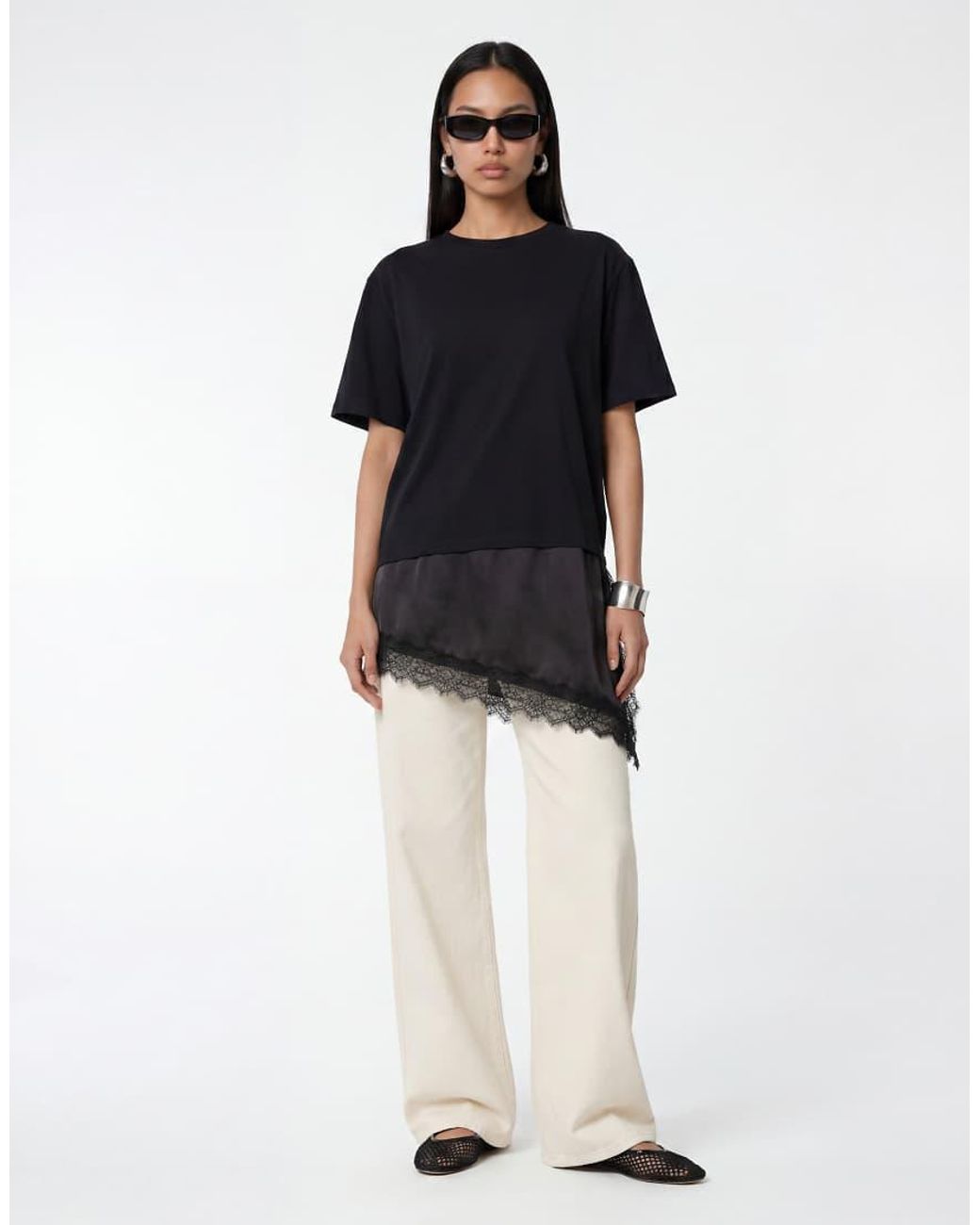 Noisy May Blue Oversized Asymmetric T-Shirt With Satin Detail