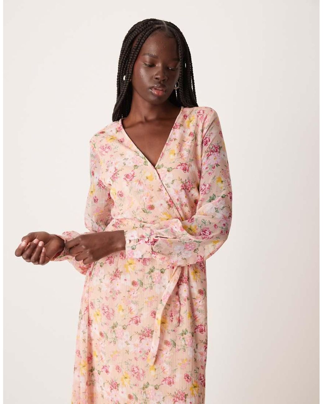 Vila Midi-Jurk Met Lange Mouwen, V-Hals En Bloemenprint in het Pink