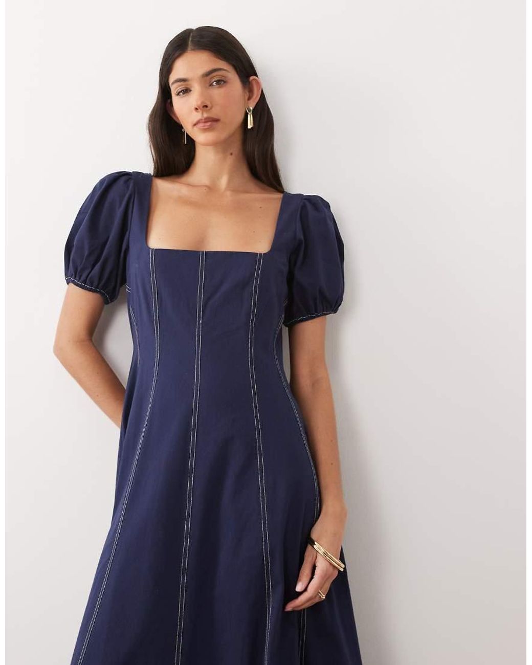 ASOS Blue Square Neck Puff Sleeve Maxi Dress With Contrast Stitch Seam Detailing