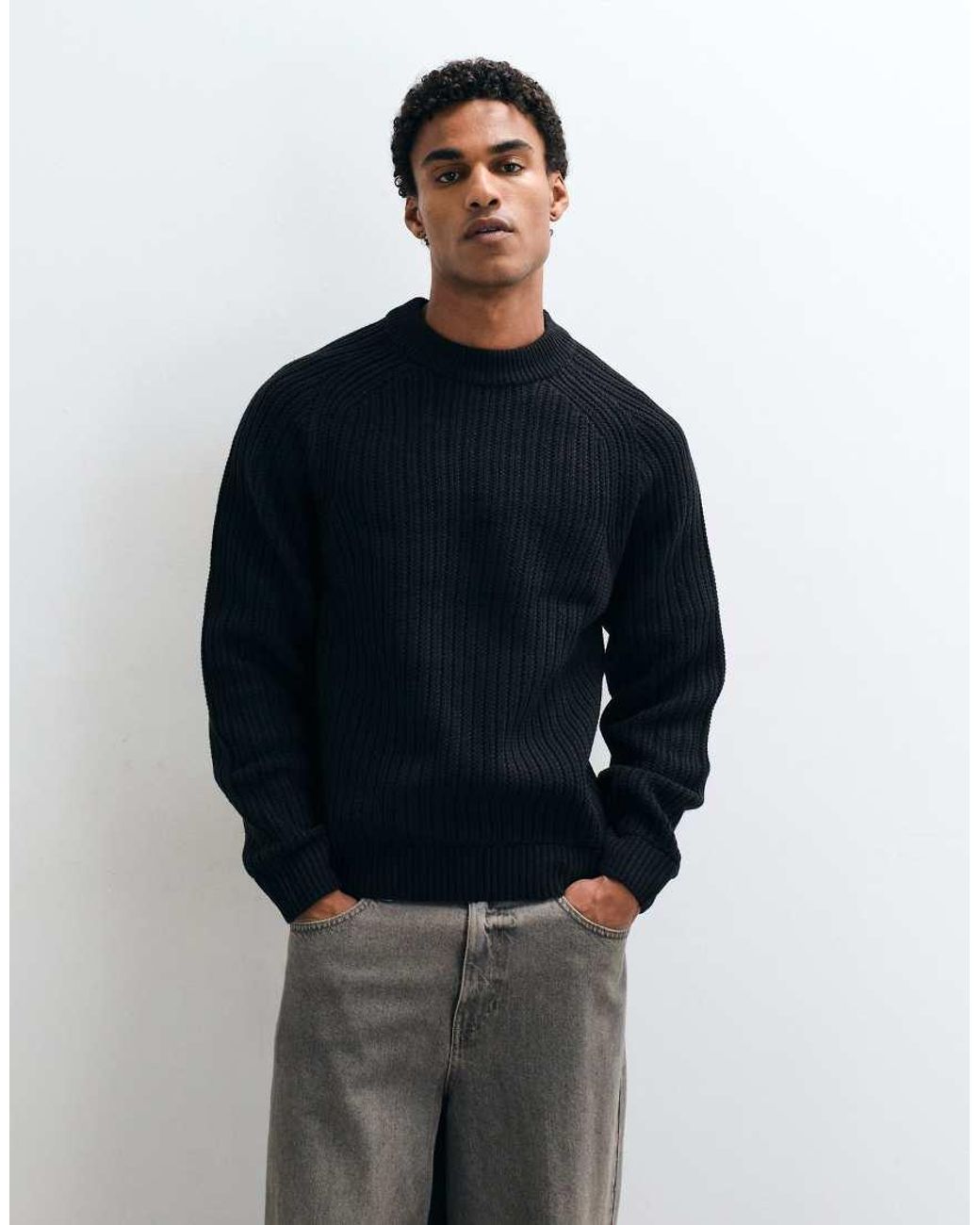 Collusion Black Fisherman Rib Raglan Knitted Jumper for men