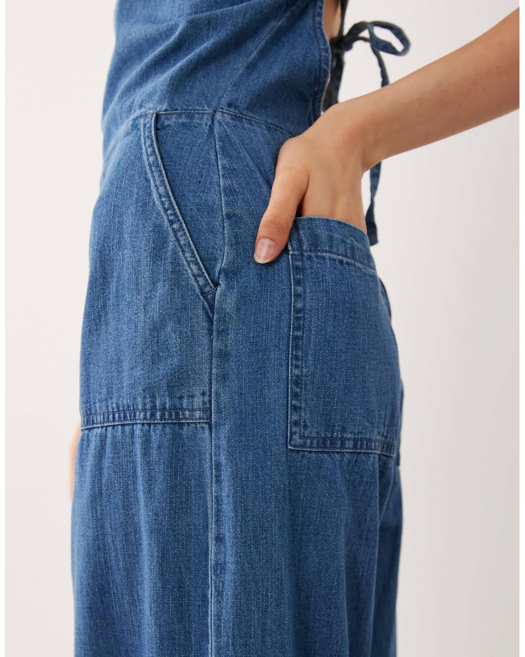 ASOS Blue Halter Neck Denim Jumpsuit With Patch Pockets
