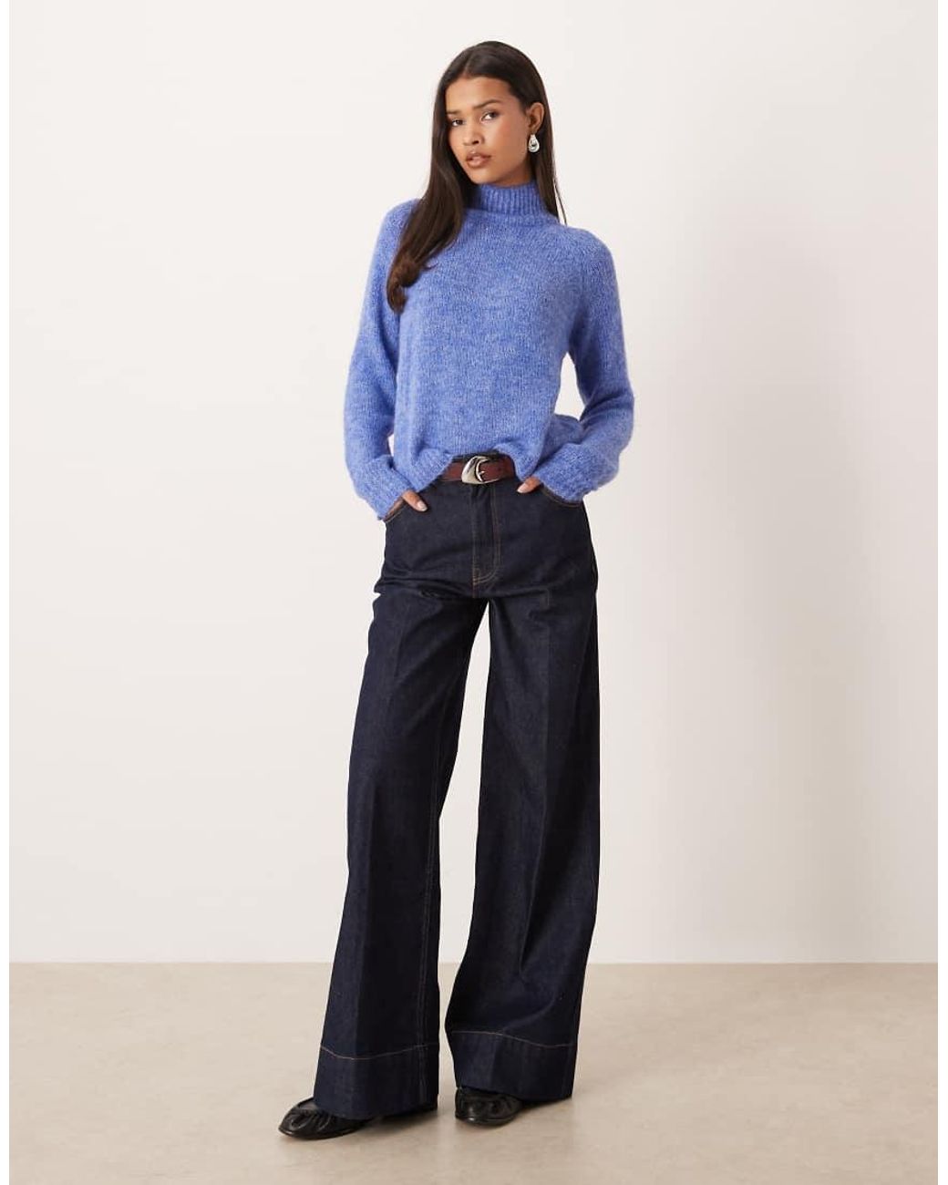 Jdy Blue High Neck Textured Knitted Jumper