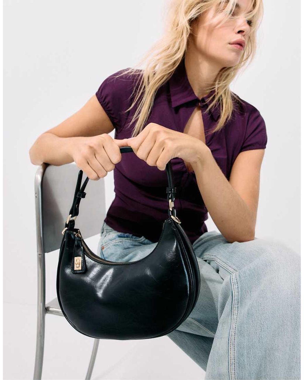 Stradivarius Black Compact Shoulder Bag With Chain