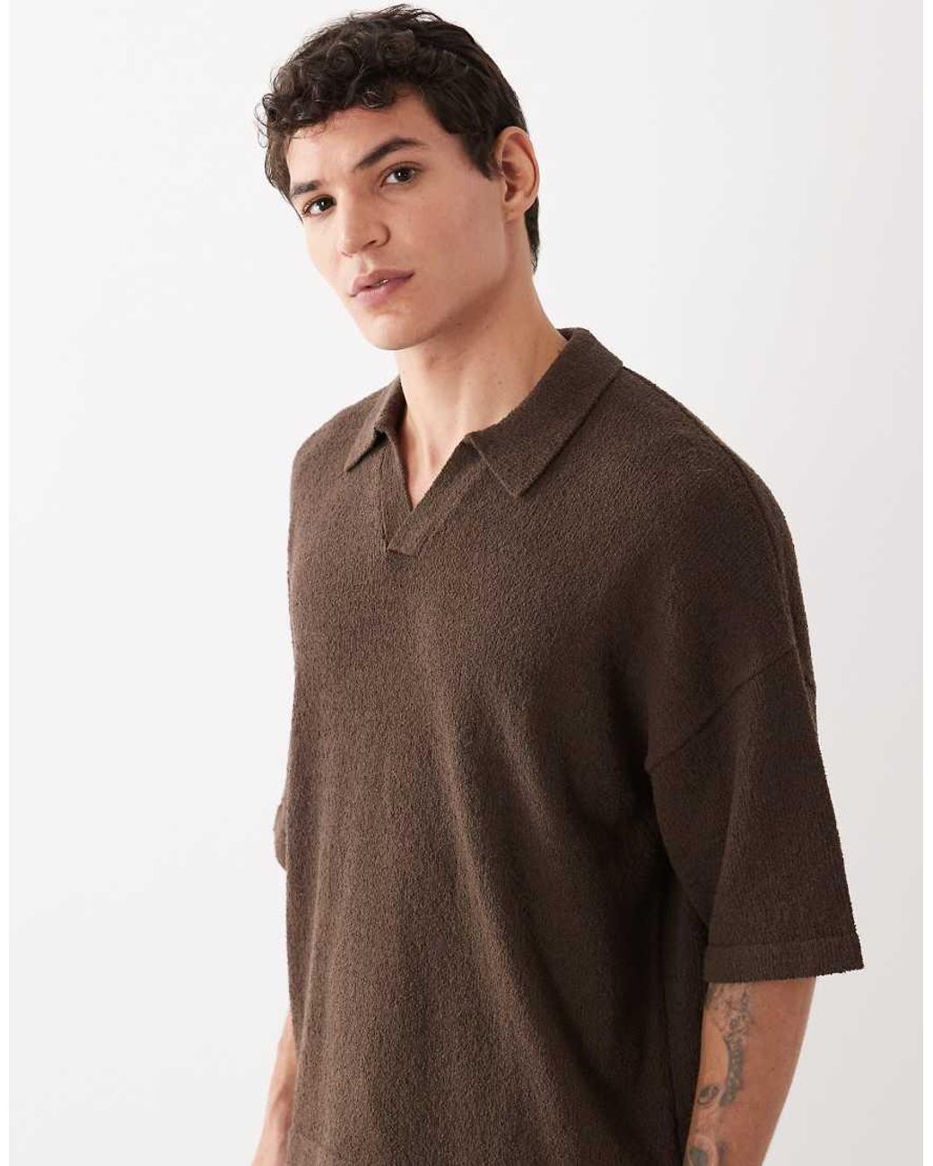 ASOS Brown Oversized Co-Ord Short Sleeve Knitted Boucle Notch Neck Polo for men