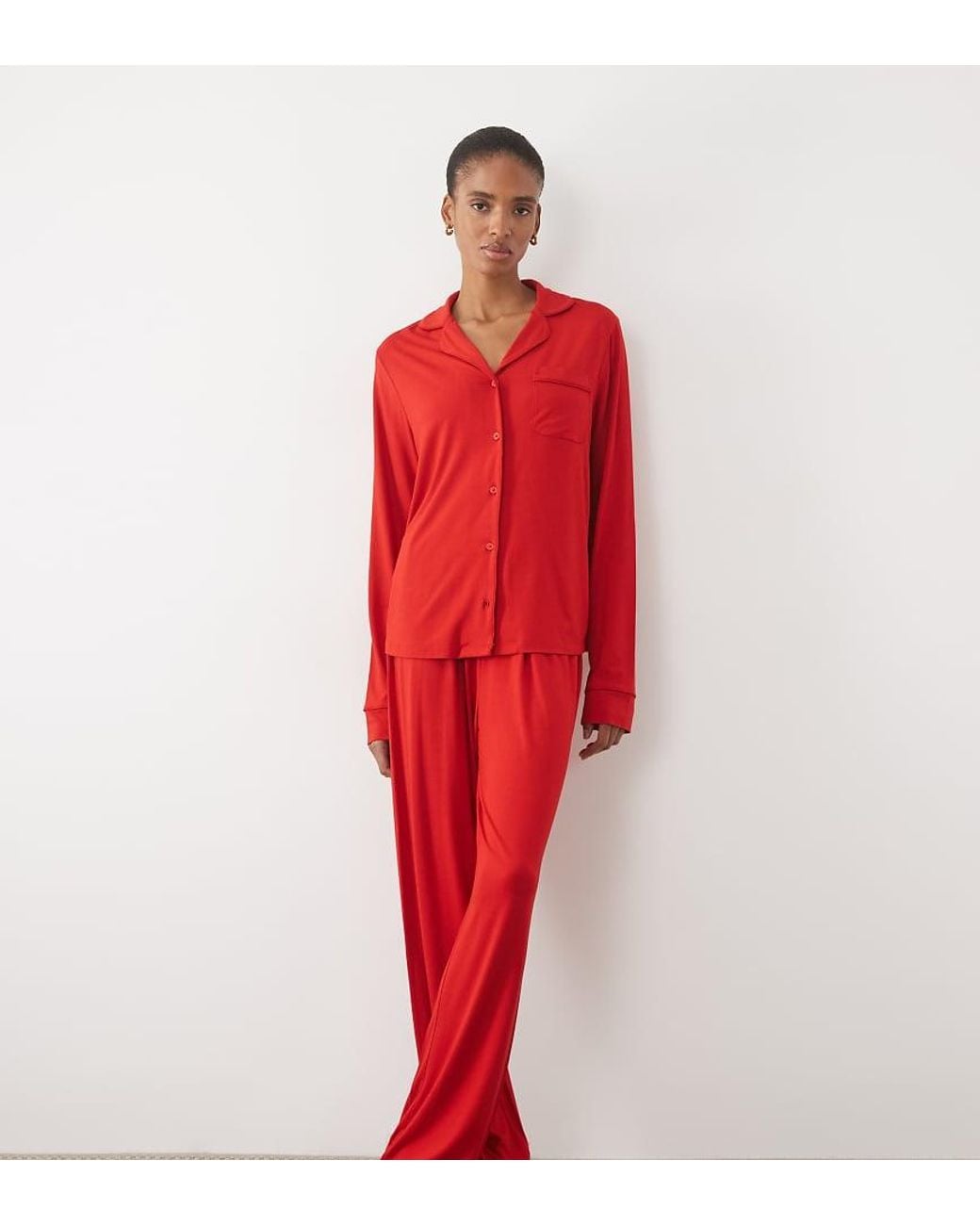 ASOS Red Asos Design Viscose Tall Super Soft Long Sleeve Shirt & Trouser Pyjama Set