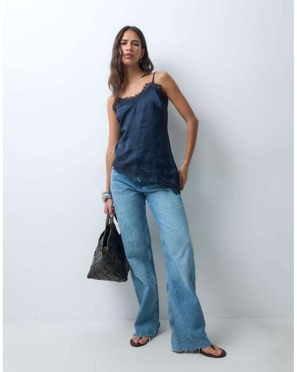New Look Blue Longline Asymmetric Lace Trim Satin Cami Top