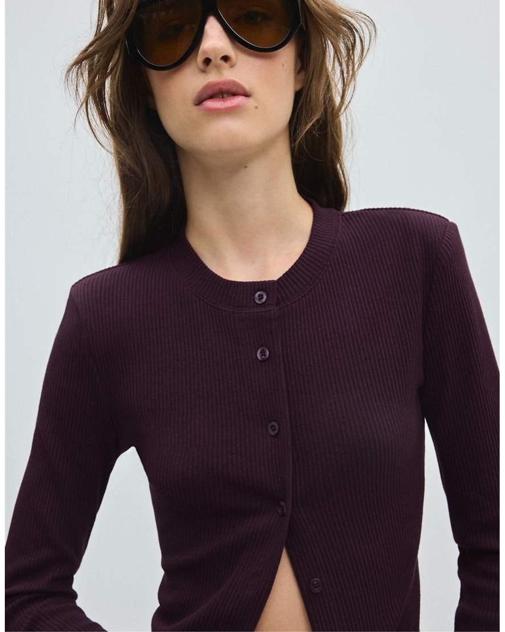 Stradivarius Purple Knit Cardigan With Shoulder Pads