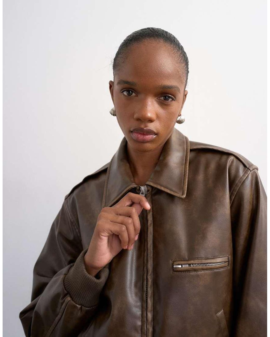 TOPSHOP Natural Leather Look Centre Front Zip Through Jacket