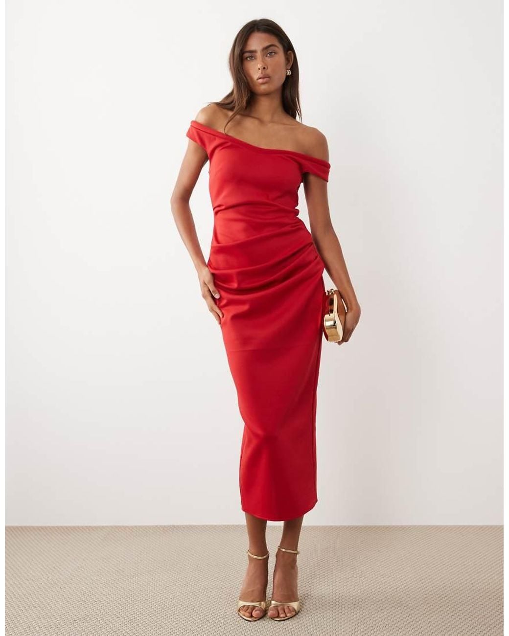 ASOS Red Bardot Ruched Midi Dress