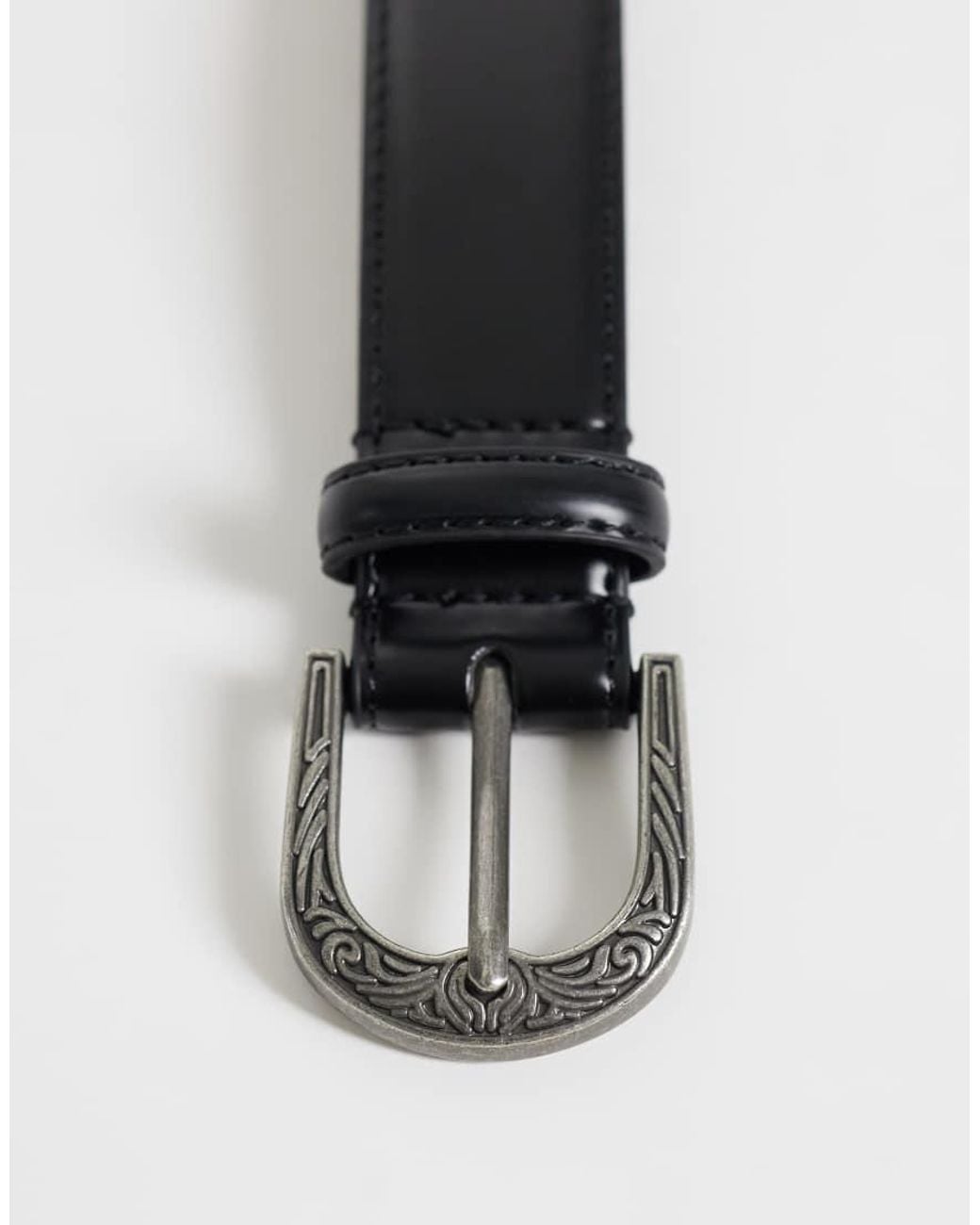 ASOS Gray Faux Leather Belt With Western Pattern Buckle And Stitch Edge for men