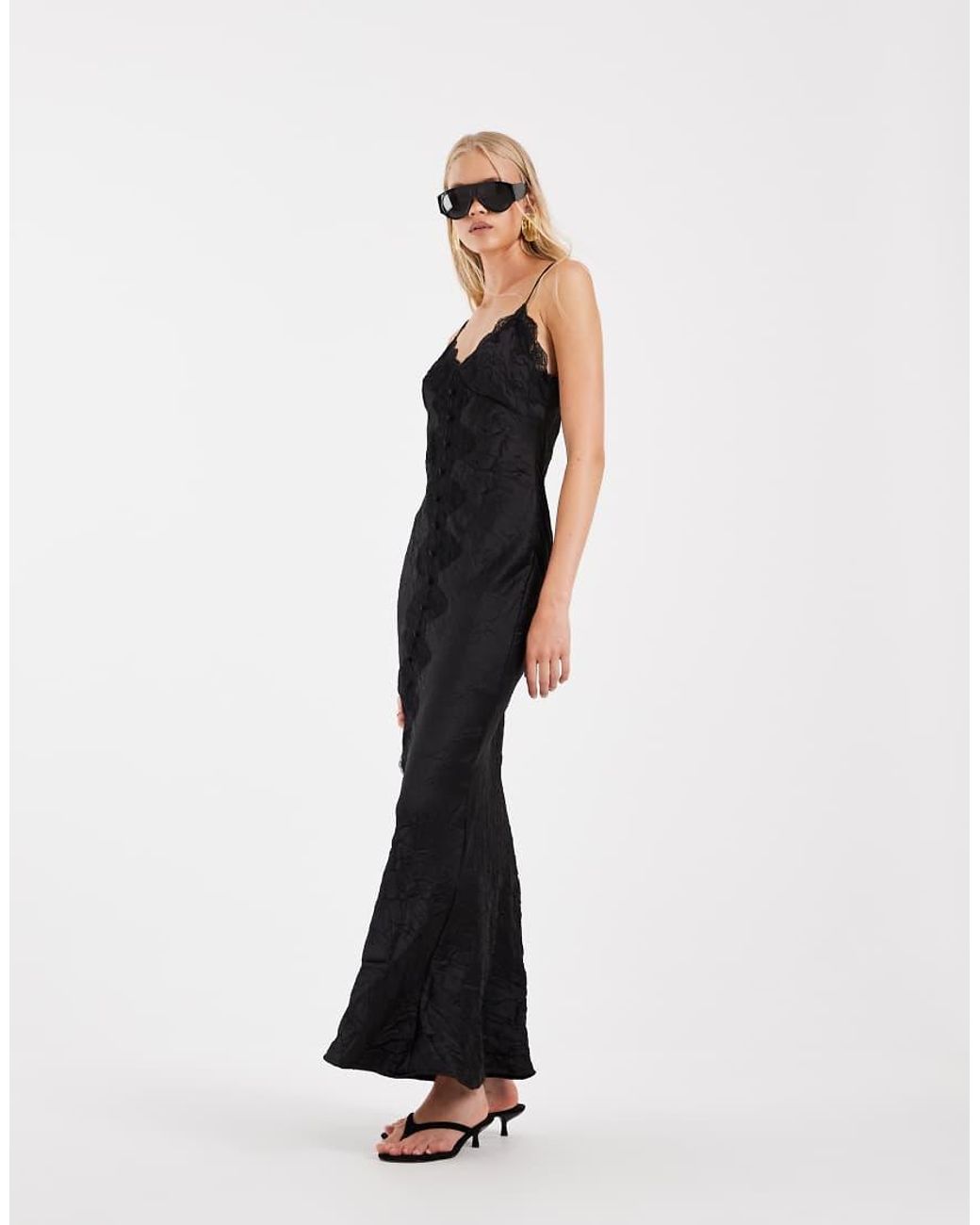 ASOS Black Lace Detail Button Down Front Slip Maxi Dress