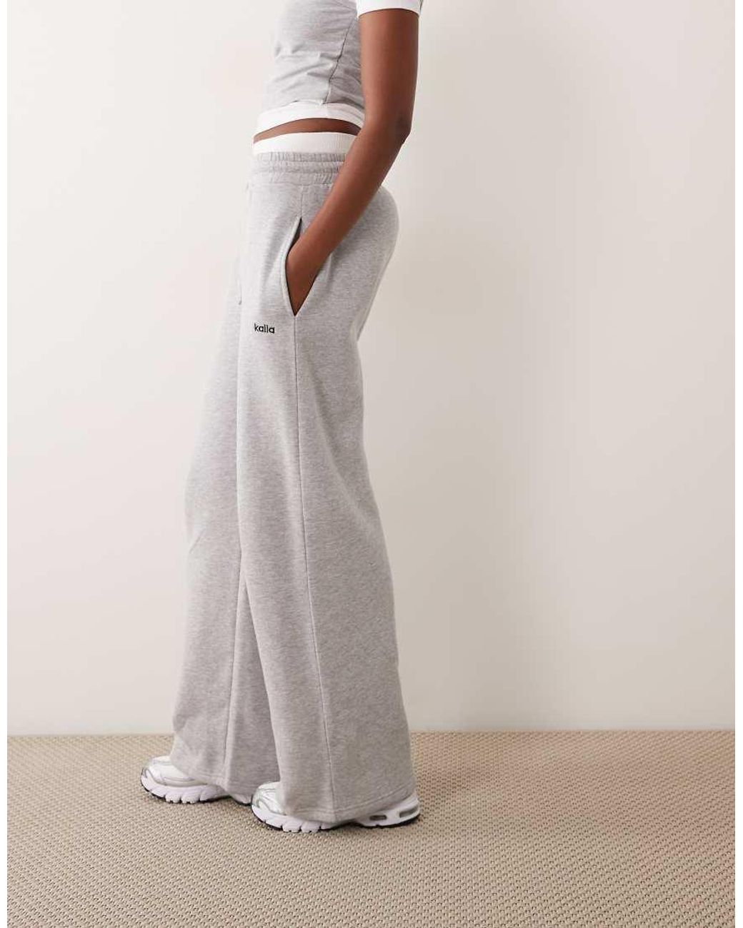 Kaiia Natural Cotton Rich Embroidered Logo Detail Double Waistband Wide Leg Jogger Co-Ord