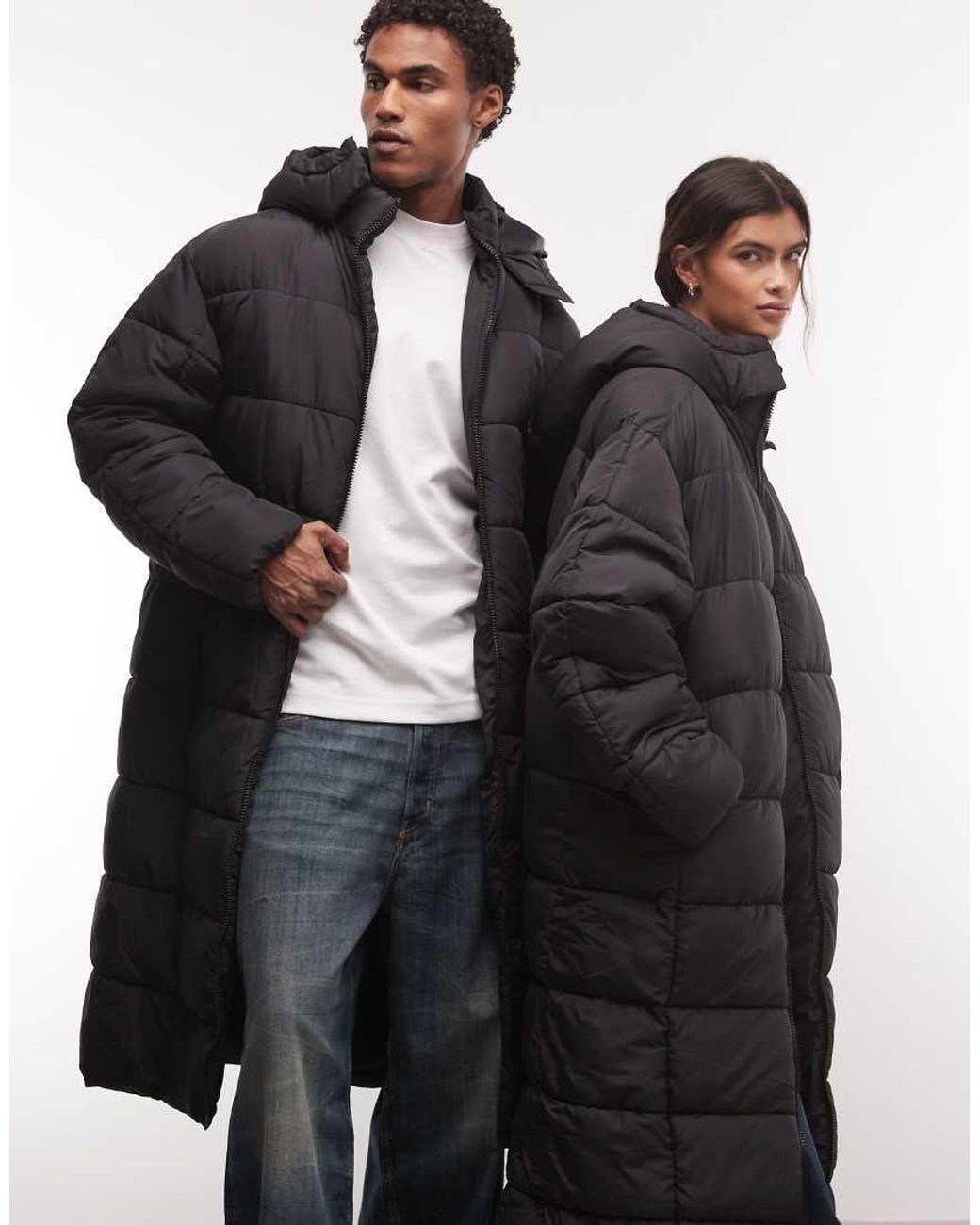 Collusion Black Unisex Longline Hooded Maxi Puffer Coat