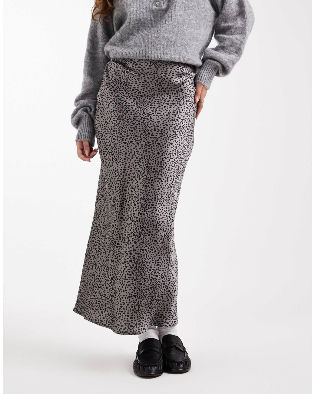 Wednesday's Girl Gray Midaxi Micro Spot Lace Detailed Satin Skirt