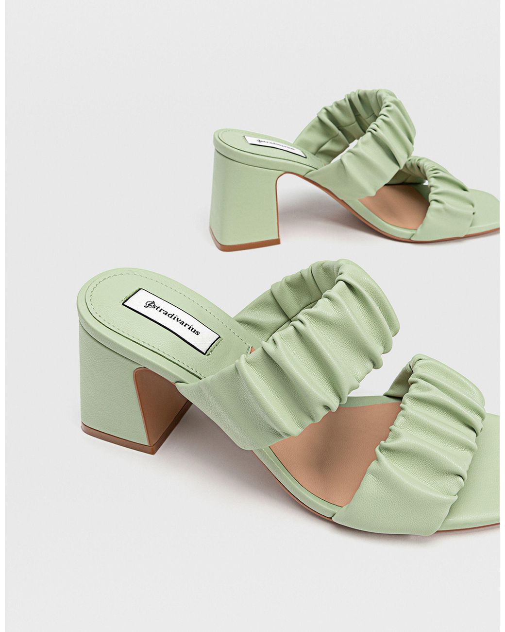 Stradivarius Ruched Strap Heeled Mule in Green | Lyst UK