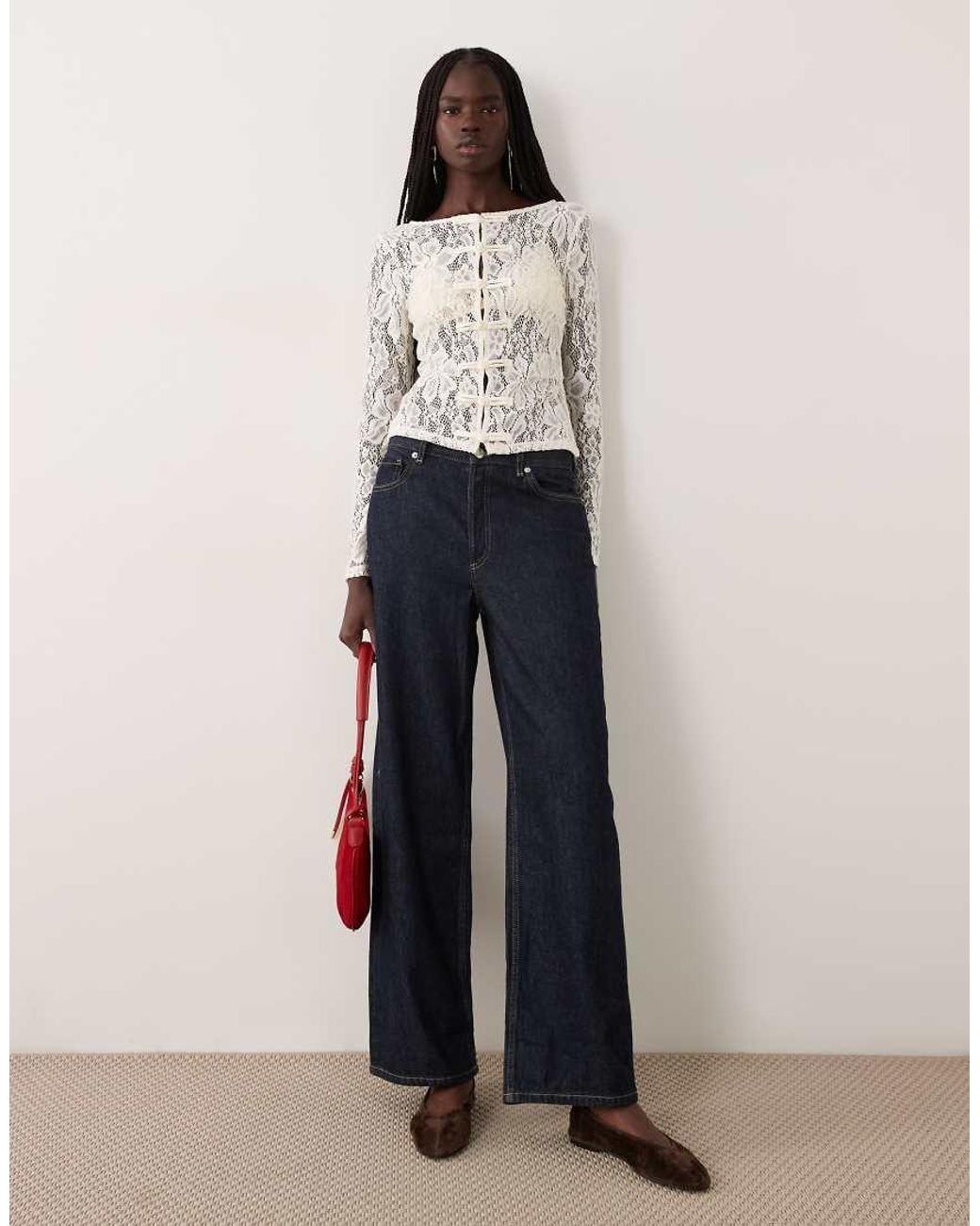 Pieces White Mandarin-style Fastened Lace Top