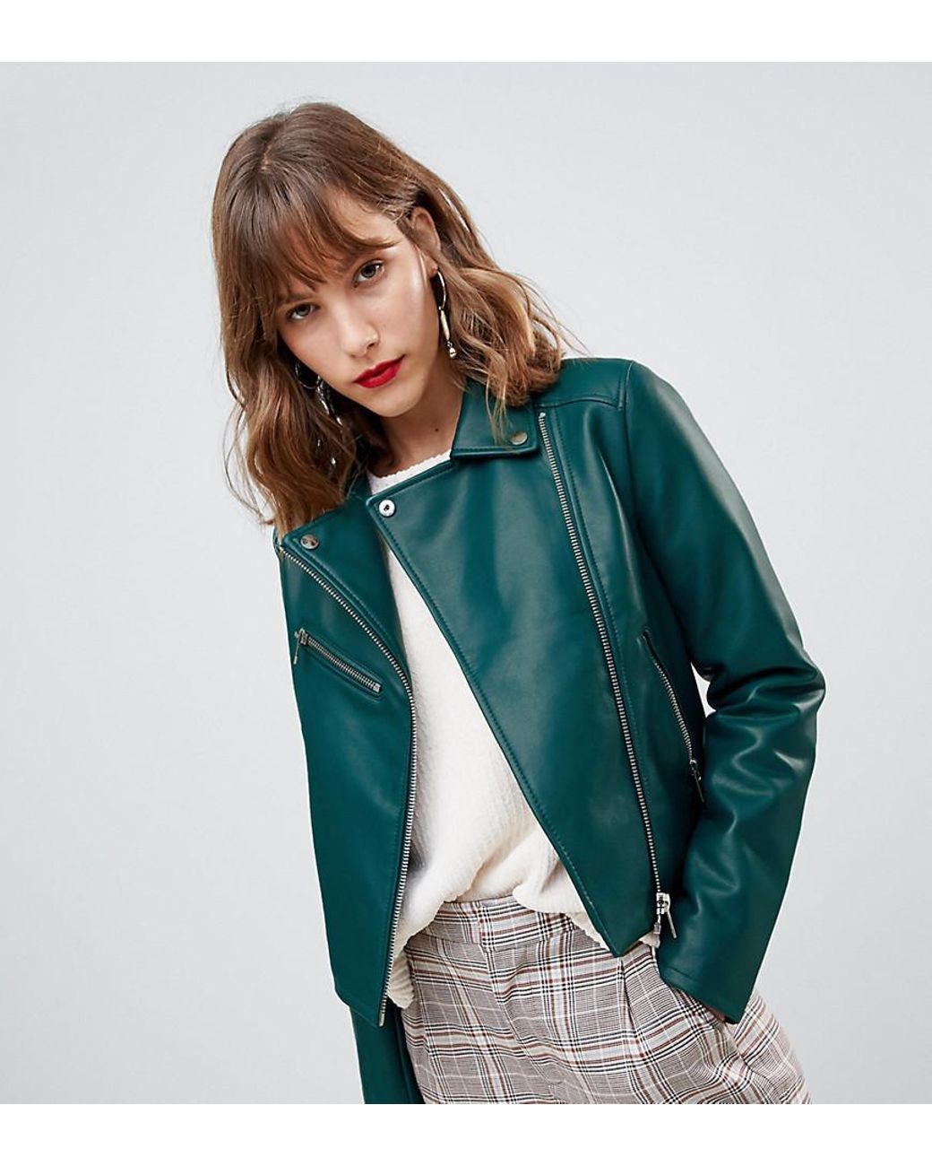 Stradivarius Denim Faux Leather Biker Jacket in Green Lyst