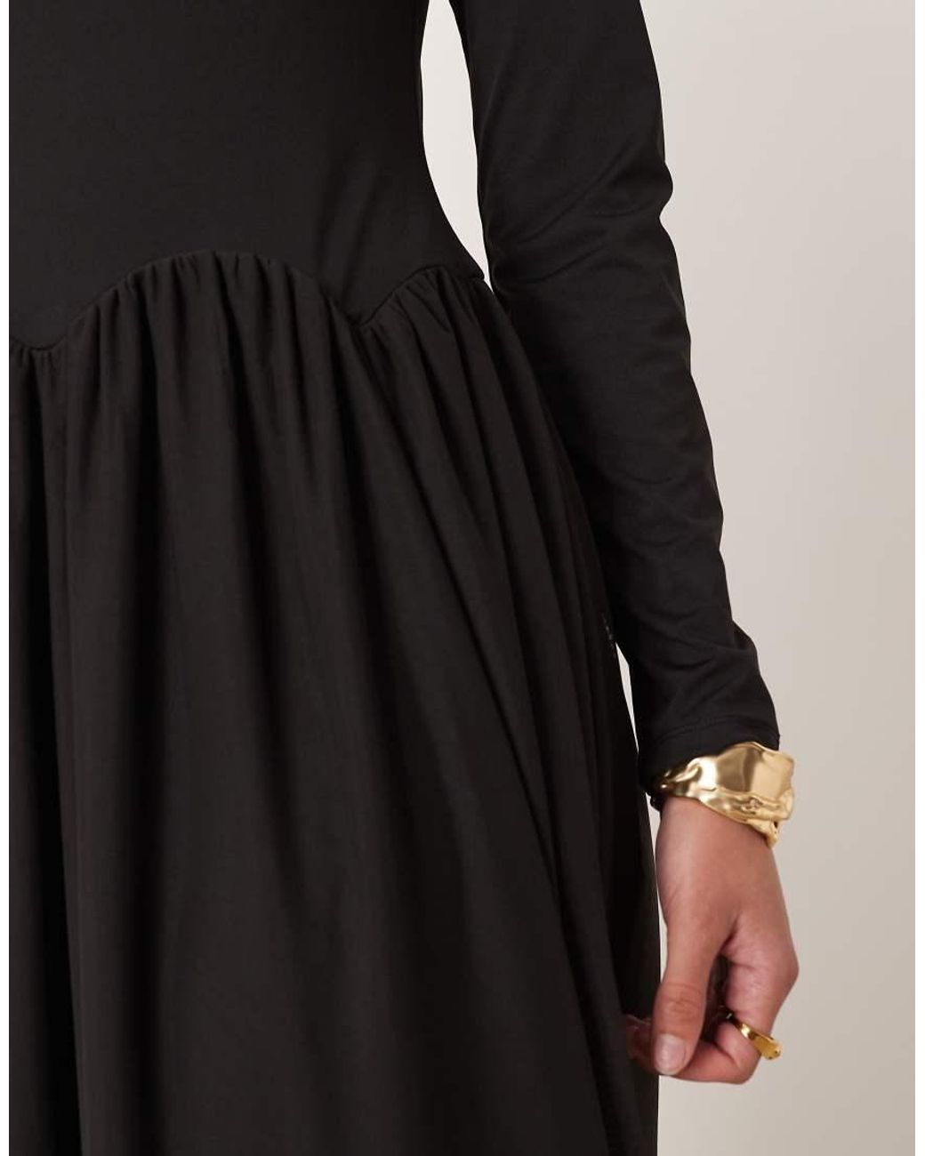 ASOS Black Slash Neck Hybrid Scalloped Waist Detail Midi Dress
