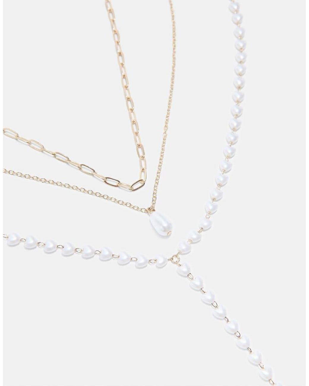 Stradivarius White Set Of 3 Faux Pearl Lariat Necklaces