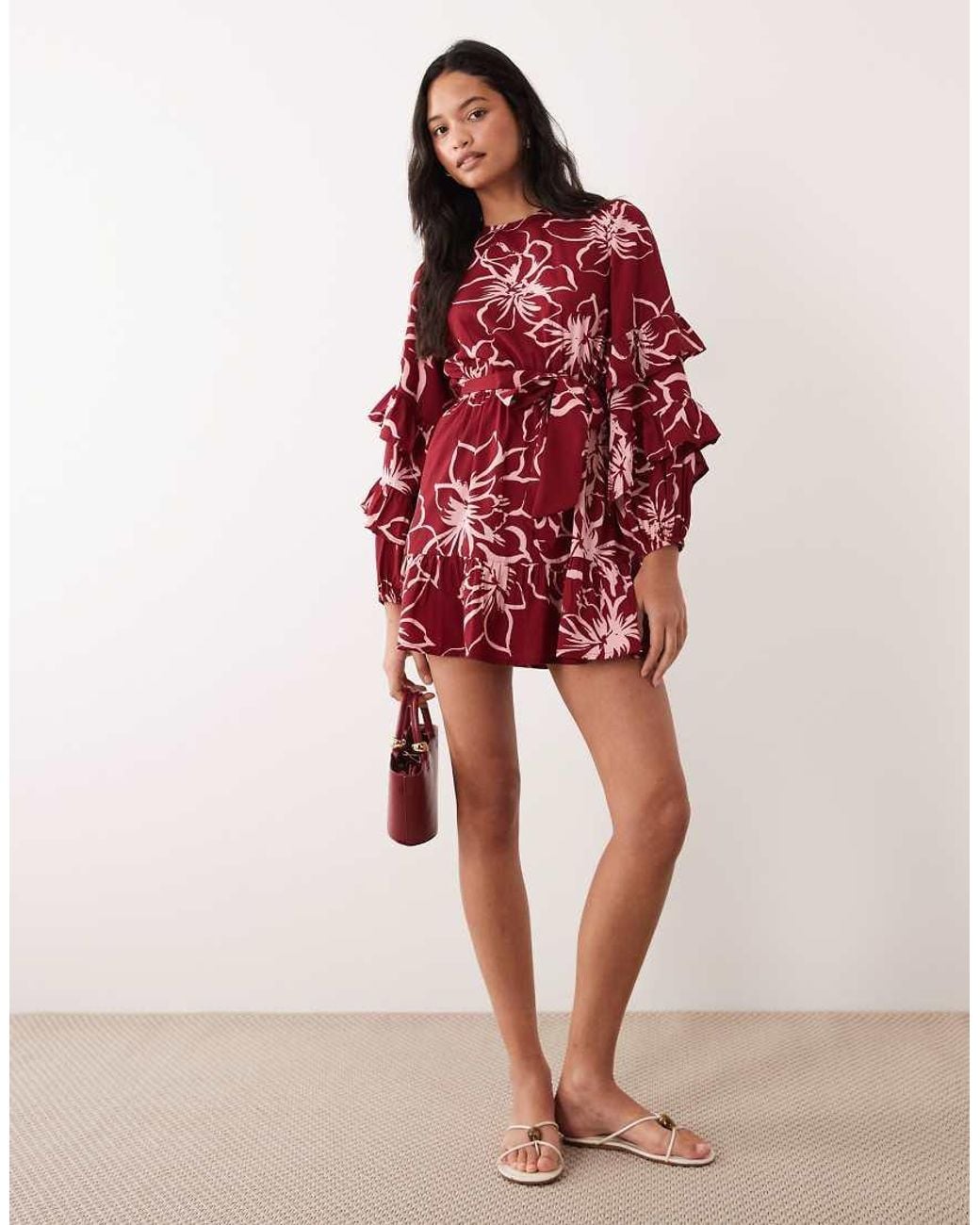 Wednesday's Girl Red Tie Waist Long Sleeve Mini Dress