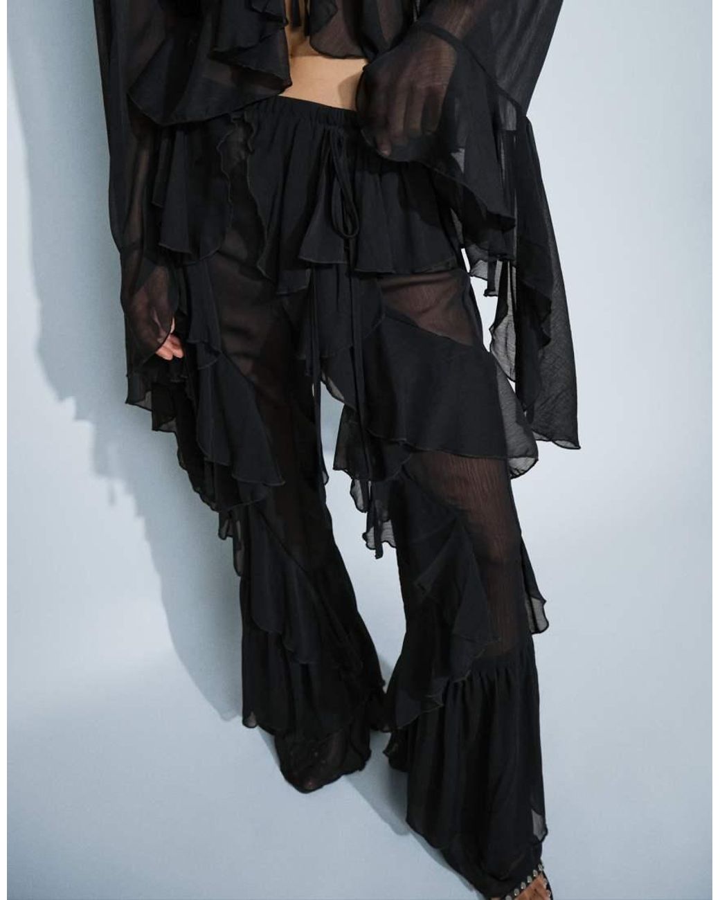 Noughts & Kisses Black Chiffon Extreme Ruffle Detail Wide Leg Pants