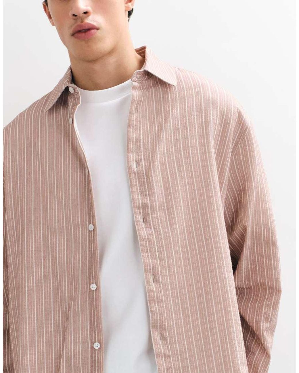 ASOS Pink Boxy Oversized Linen Look Stripe Shirt for men